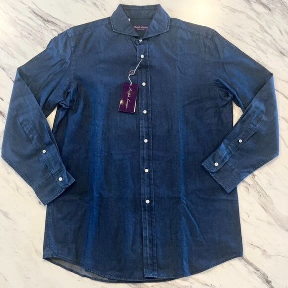 NWT Ralph Lauren Purple Label Men's 16 Denim Chambray Tailored Fit Dress Shirt - Picture 1 of 8